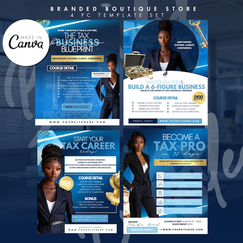 May include: A four-piece template set for a tax business, featuring a woman in a suit. The templates include course details, a blueprint, and information on building a six-figure business and becoming a tax professional. The color scheme is blue and white.