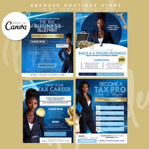 May include: A four-piece template set for a tax business, featuring a woman in a business suit. The templates include text such as "The Tax Business Blueprint" and "Become a Tax Pro in 30 days." The color scheme is blue and white.