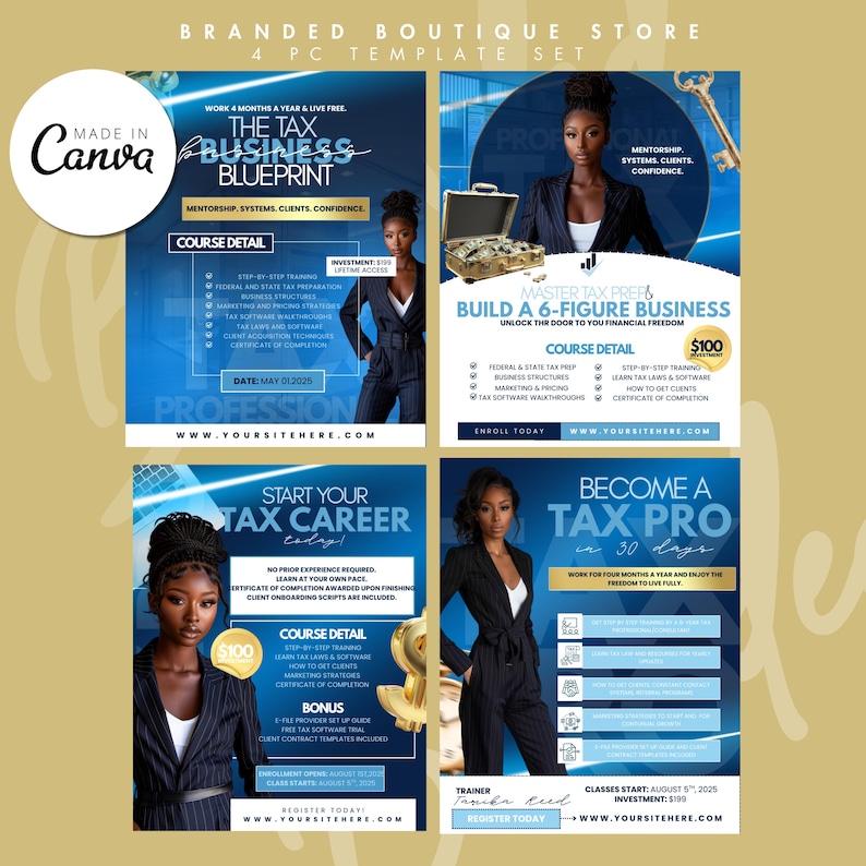 May include: A four-piece template set for a tax business, featuring a woman in a business suit. The templates include text such as "The Tax Business Blueprint" and "Become a Tax Pro in 30 days." The color scheme is blue and white.