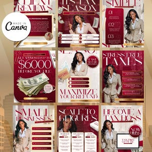 Może przedstawiać: Zestaw dziesięciu szablonów ulotek w kolorze bordowym i złotym, dla usług podatkowych. Szablony przedstawiają zdjęcia kobiety w garniturze biznesowym. Tekst zawiera "Tax Season" i "Become a Tax Boss".