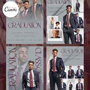 Op de afbeelding: Een vierdelige flyer templateset met een afstudeerthema. Het ontwerp bevat afbeeldingen van een man in een pak, de tekst "Brandon Lawson Graduation" en evenementdetails. Het Canva-logo is zichtbaar.