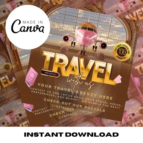 Travel Agent Template, Pink Travel Agent Social Media Post Flyer, Canva Template, Editable Template, DIY Template, Instagram