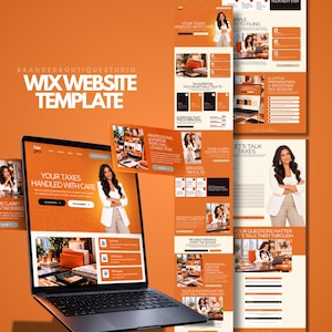 May include: A Wix website template for tax professionals featuring a laptop displaying a landing page with orange accents, white text, and imagery of a person in a white blazer. The design includes sections for services, tax filing, and contact.