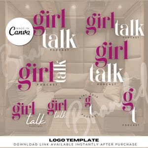 Könnte beinhalten: Eine Logo-Vorlage für einen Podcast namens "Girl Talk" mit dem Text "Podcast" darunter. Das Logo ist in Pink und Weiß gehalten und steht zum Download bereit.
