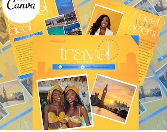 May include: A yellow and blue travel agency flyer with the text "Travel Often" and a phone number and email address. The flyer also includes images of people traveling and landmarks.