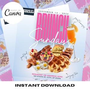 Ulotka na niedzielny brunch, zaproszenie na brunch, post w mediach społecznościowych na niedzielny brunch, szablon DIY na brunch, ulotka Canva, natychmiastowe pobieranie