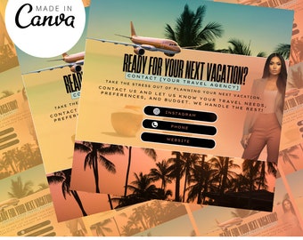 May include: A digital marketing graphic with a sunset background and palm trees. The text reads "Ready for your next vacation? Contact [Your Travel Agency]" and includes contact information for Instagram, phone, and website.