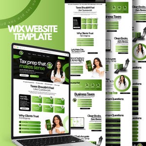 May include: A Wix website template for tax professionals featuring a green and white color scheme. The layout includes sections for business taxes, client testimonials, and common questions, with text reading Tax prep that makes sense.