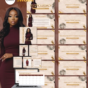 Puede incluir: Imagen promocional para una plantilla de curso de impuestos. La imagen presenta a una mujer con un vestido burdeos, un portátil que muestra un calendario y varios módulos de curso con títulos como "Tax Pro Legacy" y "Refunds Payments & Bank Products."