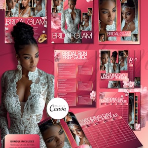 May include: A 3-piece digital template set for bridal businesses featuring pink and gold gradients, floral accents, and photography of a person in a white lace gown. Text includes "BRANDED BOUTIQUE STORE," "BRIDAL GLAM," and "WEDDING DAY MAKEUP SCHEDULE."