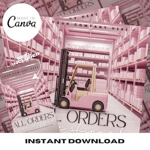 May include: A pink forklift in a warehouse with pink shelves filled with boxes. The text "ALL ORDERS have shipped" and "INSTANT DOWNLOAD" is on the image.