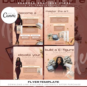 Może przedstawiać: Czteroczęściowy zestaw szablonów ulotek dla markowego butiku. Ulotki zawierają zdjęcia kobiet i tekst promujący przygotowanie podatkowe i budowanie biznesu. Schemat kolorów to głównie brąz i złoto.
