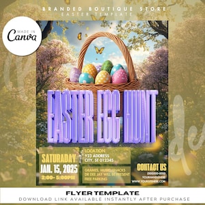 May include: A purple and white text graphic that says "Easter Egg Hunt" with a basket of colorful Easter eggs in front of a green and blue background. The text below the graphic says "Saturday Jan. 15, 2025 2:00-5:00PM" and includes details about the event location, contact information, and free parking.