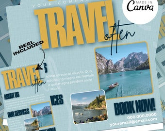 May include: A blue and yellow travel poster with the text "Travel Often" in large, bold letters. The poster also includes images of scenic lakes and mountains, and the text "Book Now!" with a phone number and email address.