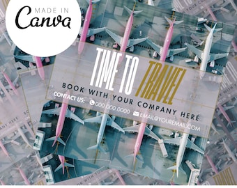 May include: A travel-themed business card with a photo of airplanes on a tarmac. The text on the card reads "Time to Travel" and includes contact information for booking with the company.