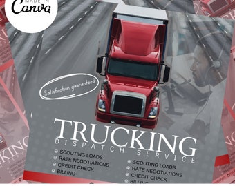 Op de afbeelding: Een rode vrachtwagen rijdt over een snelweg. De vrachtwagen is een digitale illustratie en de achtergrond is een grijze gradiënt. De tekst "Trucking Dispatch Service" staat in witte letters op een zwarte achtergrond. De tekst "Direct downloaden" staat in witte letters op een zwarte achtergrond. De tekst "Te tevredenheid gegarandeerd" staat in witte letters op een zwarte achtergrond.