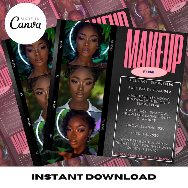 Makeup price list flyer, MUA price list, MUA, Canva Template, DIY Template, Editable template, hair, nails, lashes, brows