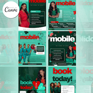 May include: A set of six teal and red flyer templates for a mobile phlebotomy service. Each template features images of medical professionals, service lists, and the words "mobile phlebotomy" and "book today!"