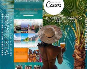 May include: A collage of 13 website banners for a travel boutique store. The banners feature tropical destinations, travel quotes, and images of people enjoying vacations. The banners are editable in Canva and can be downloaded instantly. The text "Made in Canva" and "13 Website Banners Editable in Canva Instant Download" is visible in the image.