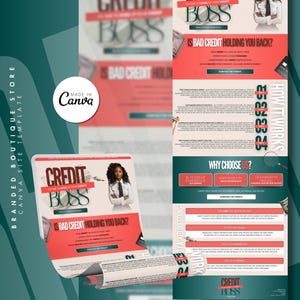 Puede incluir: Una plantilla de sitio de Canva con un diseño rojo y blanco. La plantilla presenta el texto "Credit Boss" y "Is bad credit holding you back?" También aparece una mujer con camisa blanca y corbata negra.