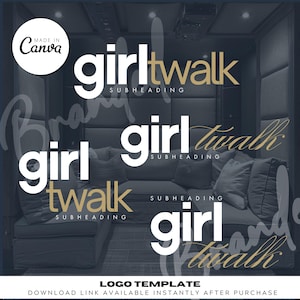 May include: Logo template featuring the text "girltwalk" in white with a gold "SUBHEADING" underneath. The logo is displayed on a dark gray background with a couch in the background.