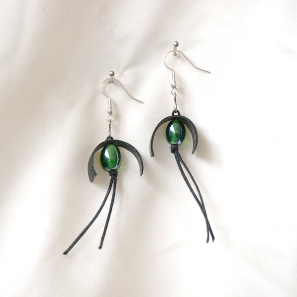 Recycled Inner Tube Earrings with Green Glass Beads