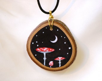 Moon Mushrooms - Hand Painted Necklace - Fly Agaric - Witch Pendant - Original Illustration - Mini Painting on Wood - Painted Necklace