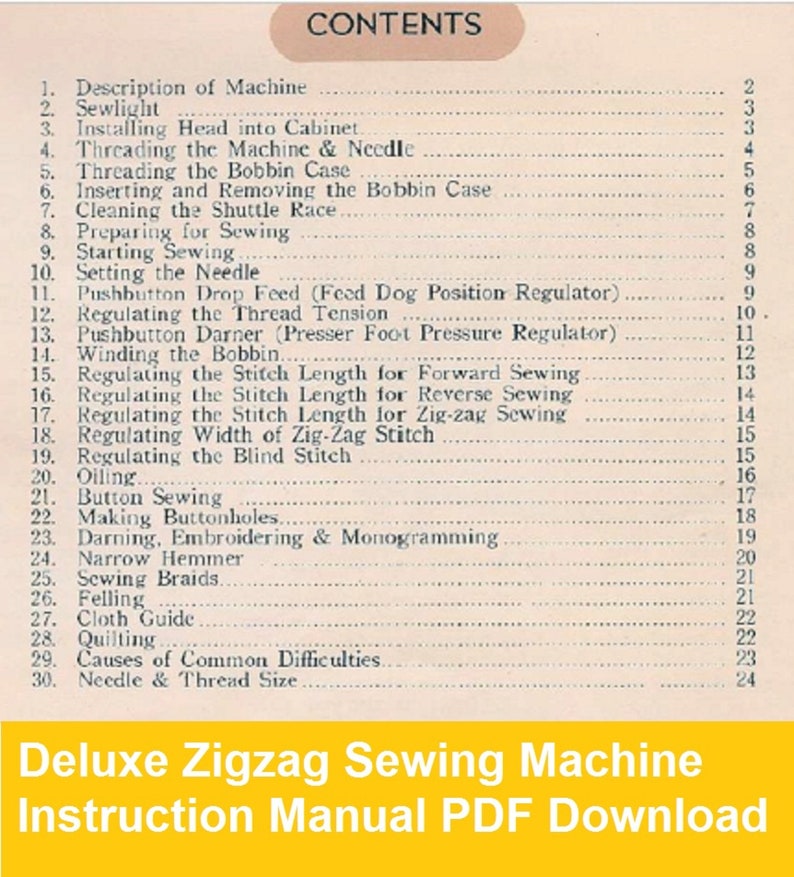 Deluxe Zigzag Sewing Machine Instruction Manual PDF Download Etsy