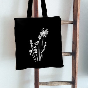 Jutebeutel Handbemalt Wildblumen Beutelfee Baumwolle Tasche Beutel Schwarz