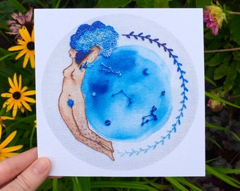 Microcosmic gal - hammered 300gsm paper, feminist hairy body embroidered fine art giclée blue positivity celestial fawnstitch