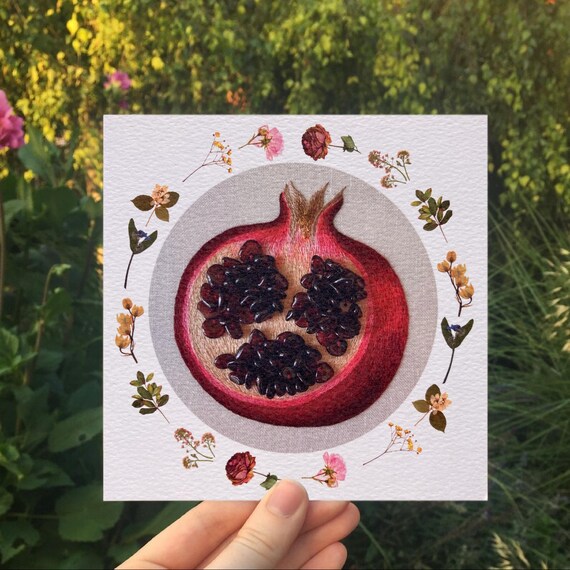 Garnet pomegranate art print pressed flower border - 148mm x 148mm hammered 300gsm paper embroidered thread painting floral fawnstitch