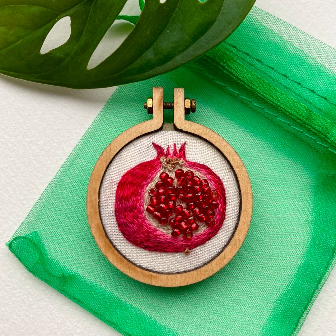 Pomegranate Embroidered Brooch Hand Embroidery, Wooden Pin Badge