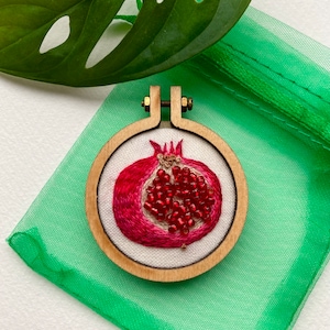 Pomegranate embroidered brooch - hand embroidery, wooden pin badge, pendant, mini, beaded cottagecore fawnstitch cream ivory red