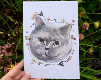 British shorthair cat print, A5 watercolour gouache and pressed flowers - blue cream white grey kitten fawnstitch