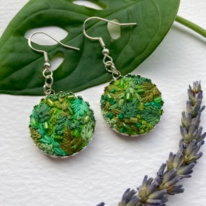 Forest floor embroidered drop dangly earrings - hand embroidery, 2cm pendant, mini, leafy, cottagecore fawnstitch green beaded light