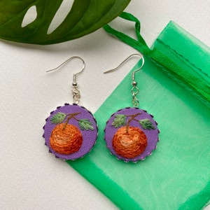Clementine orange embroidered drop dangly earrings - hand embroidery, 2.5cm pendant, mini, leafy, cottagecore fawnstitch lilac purple light