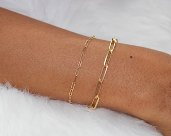 Solid Gold Paper Clip Bracelet, Gold Box Chain Bracelet, Solid Paperclip Chain Bracelet, 14k Rose Gold Bracelet, Elongated Chain Bracelet