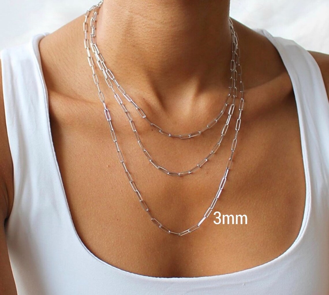 Solid White Gold Paper Clip Necklace Gold Box Chain Necklace Etsy