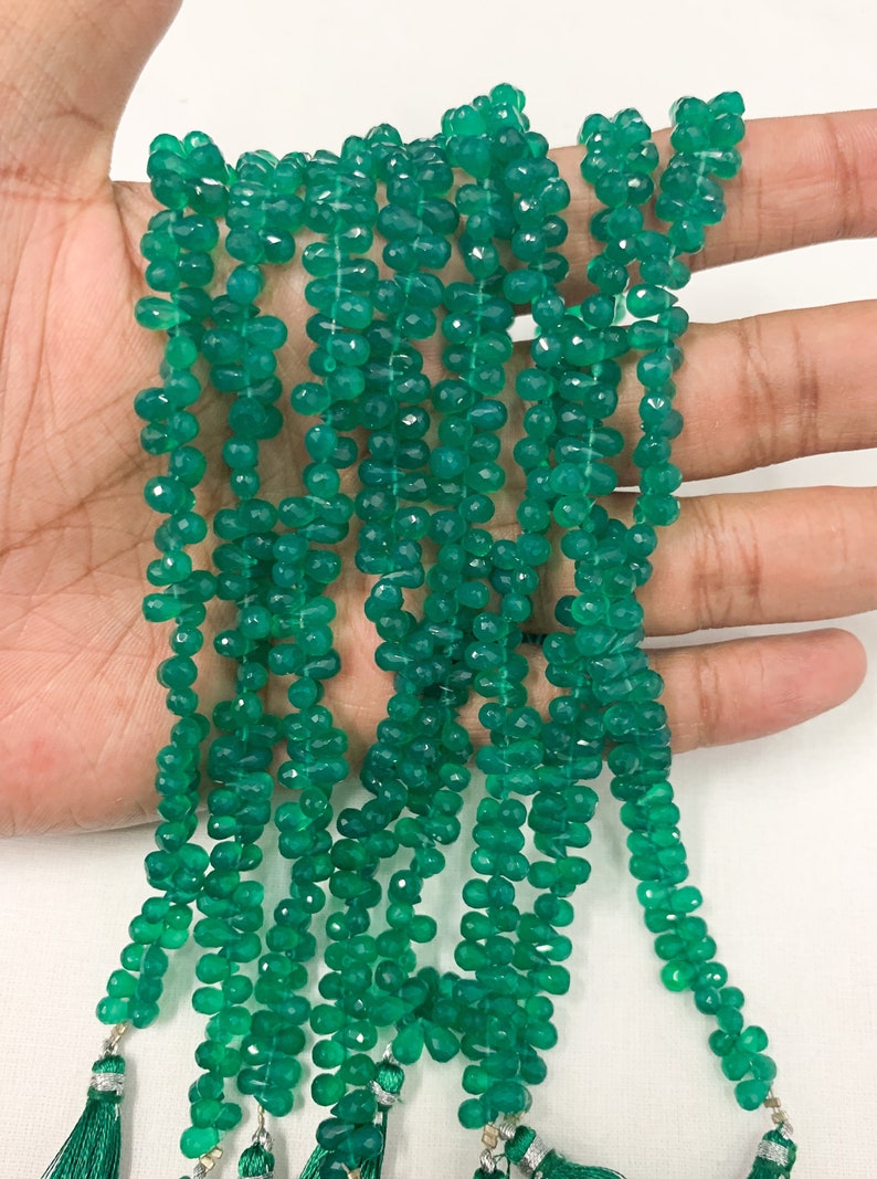Natural Green Onyx Faceted Tear Drop Briolette Beads 4x6 mm 8\u201d strand