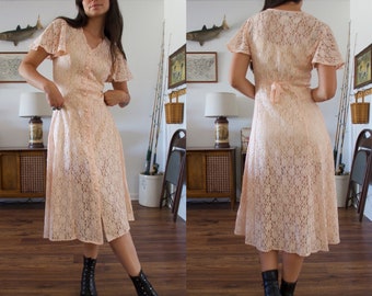 Vintage 90's Dawn Joy Fashions Pink Lace Button-down Dress