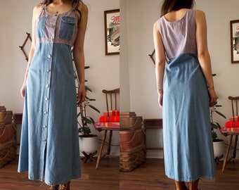 Vintage NWT 90's Tickets Mervyns Denim Striped Button-down Denim Jean Overall Dress