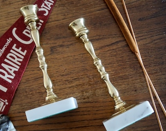 Vintage Brass Marble Candle Stick Holder Set