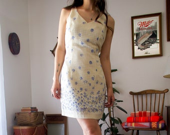 Vintage 90's All That Jazz Yellow Gingham Blue Floral Sleeveless Dress