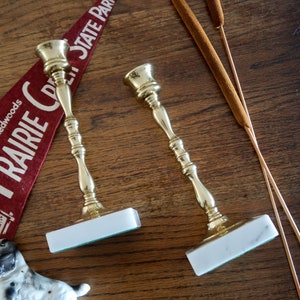Vintage Brass Marble Candle Stick Holder Set