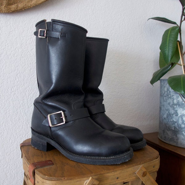 Vintage Sonora Double H West Motocycle Steel Toe Black Leather Buckle Boots