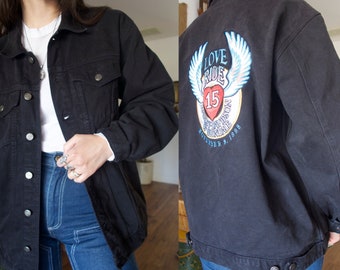 Vintage 90's 1998 Harley Davidson Love Ride Glendale Patched Black Denim Jean Jacket