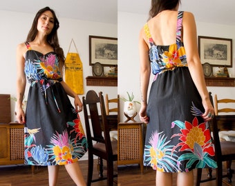 Vintage 1970s PBJ Colorful Tropical Floral Black Midi Length Dress