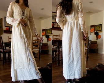 Vintage 70’s No Brand Cream Lace Tapestry Detail Prairie Dress