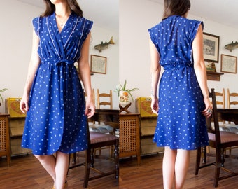 Vintage 70s Kings Row Blue Scallop Shell Patterned Dress