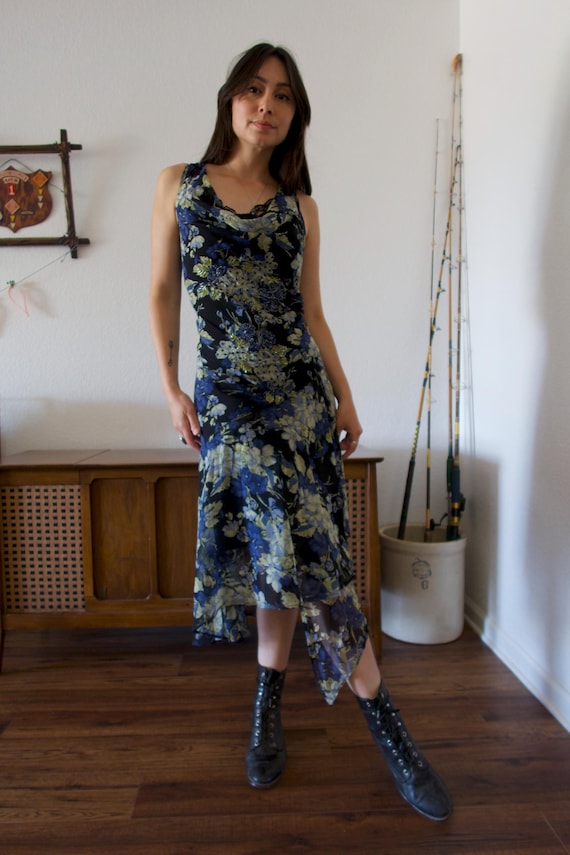 beaded handkerchief dress Y2K beaded silk bias cut dress with handkerchief hem, $75 fits medium (bust 36-38, waist 28-32, hips 41, length 48). Clipped in photo. (SOLD)